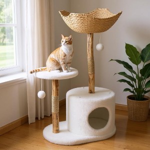 Cat Tree, Cat Tower - Real Wood Modern with Scratching Post, Bed, Natural Wicker Condo, Boho Luxury Pet Furniture - 1 of 4