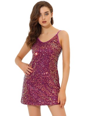 Allegra K Women's Glitter Sequin Spaghetti Strap V Neck Party Cocktail Sparkly Mini Dress