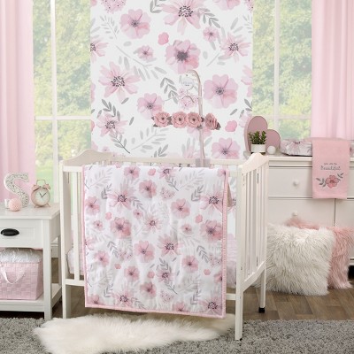 Image of Little Love by NoJo Beautiful Blooms Pink, White, and Grey Floral 3 Piece Nursery Mini Crib Bedding Set - Comforter and Two Fitted Mini Crib Sheets