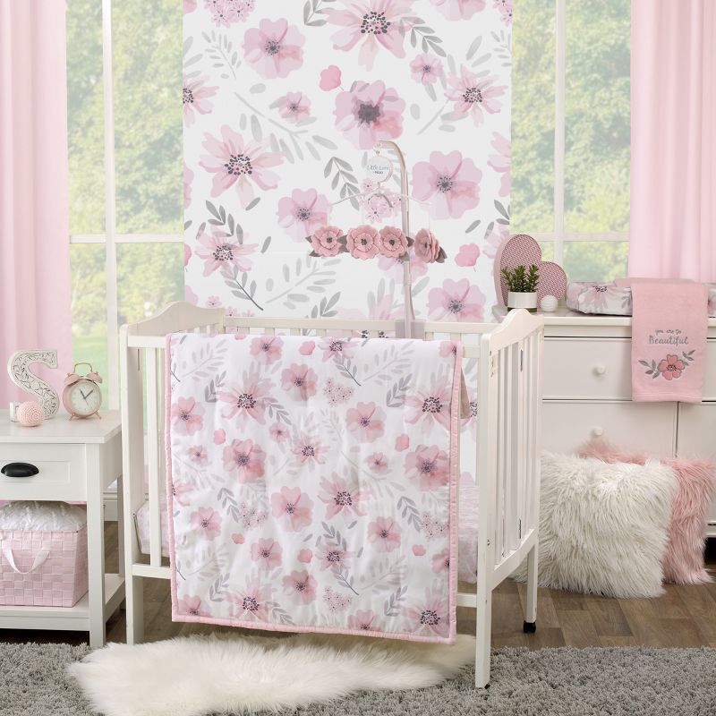 Little Love by NoJo Beautiful Blooms Pink, White, and Grey Floral 3 Piece Nursery Mini Crib Bedding Set - Comforter and Two Fitted Mini Crib Sheets, 1 of 6