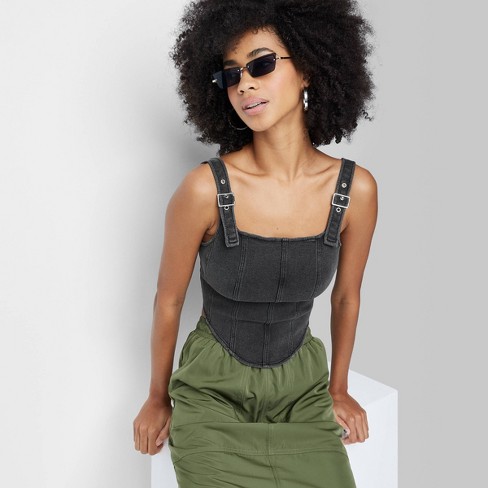 Women's Cropped Slim Fit Smocked Back Denim Corset Tank Top - Ava & Viv™  Black 1x : Target