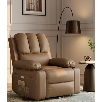Recliner Chair, with Massage & Heat, 60° Swivel Faux Leather Rocking Chair, 1.5X Sponge Filling, with Cup Holder, or Living Room, Bedroom & Nursery