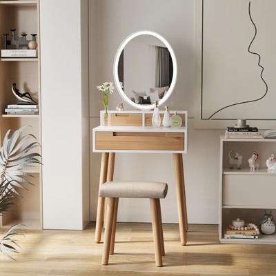 ELECWISH Wood Vanity Desk Set with Adjustable Height & LED Mirror - 3-Tone Lighting, Storage Drawers, Stool Included