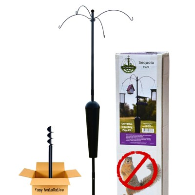 Squirrel Stopper Sequoia Squirrel Proof Pole System with 4 Hanging Stations for bird houses, bird feeders, hanging baskets, wind chimes and more.