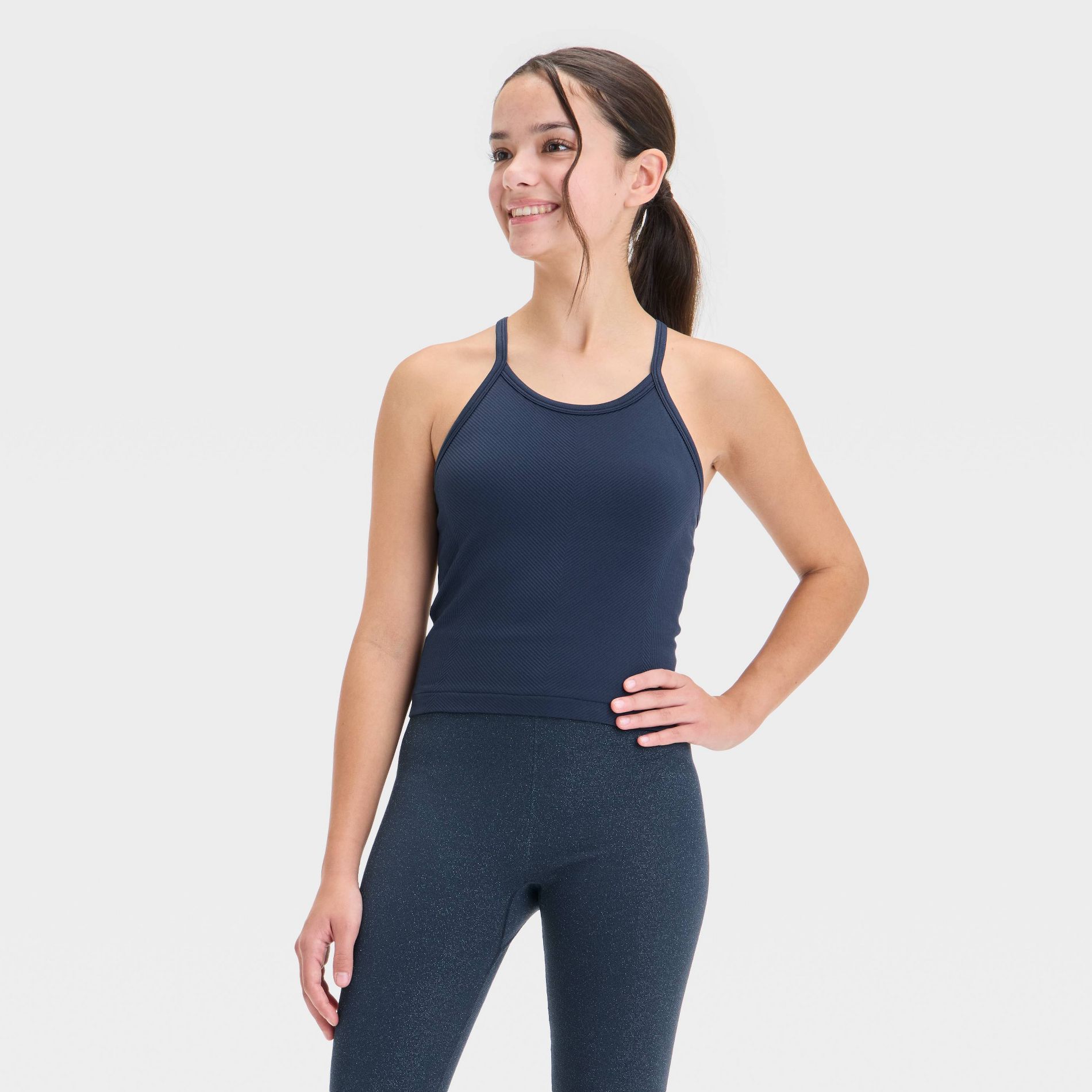 Girls' Seamless Crop Tank Top - All In Motion™ Navy Blue S: Knit Pullover, Midweight Sleeveless