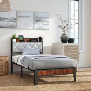 FURNIinspire Beds Modern Twin Size Bed Frame Iron Platform Bed with Soft-Padded Headboard, Storage, Bedroom Furniture, Brown, 80.5"*39.2"*40.6" - 1 of 4