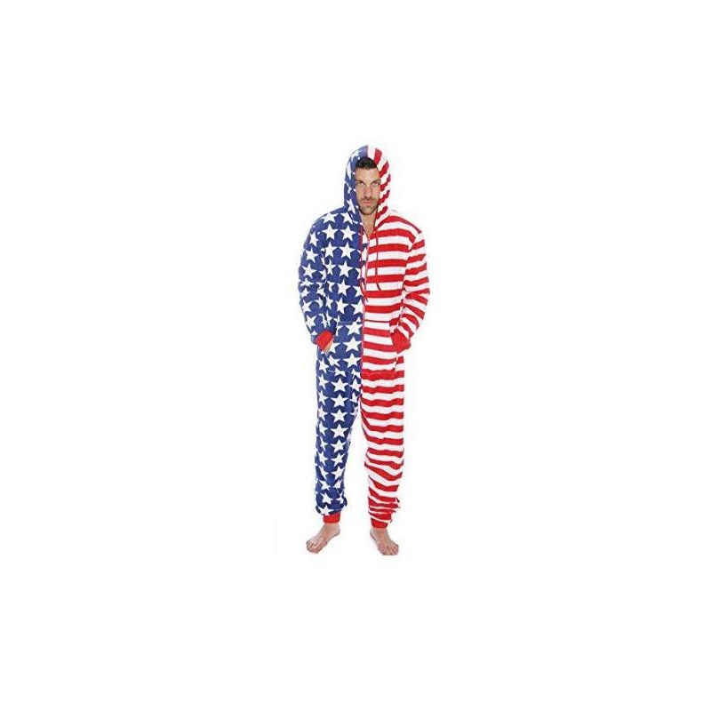 #followme Mens One Piece American Flag Adult Onesie Hooded Red, White & Blue Pajamas, 1 of 2