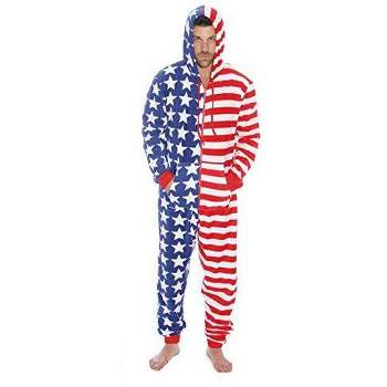 #followme Mens One Piece American Flag Adult Onesie Hooded Red, White & Blue Pajamas