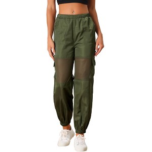 Allegra K Women's High Waist Sports Elastic Mesh Panel Sheer Baggy Cargo Pants - 1 of 4