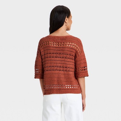 Women's Short Sleeve Keyhole Neck Pullover Sweater - Universal Thread™ Orange