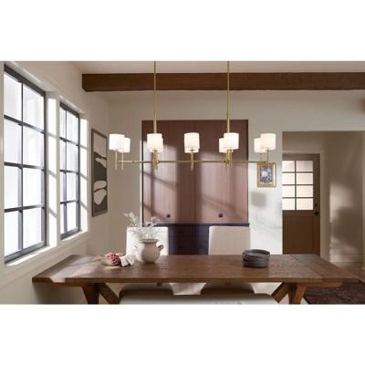 Brushed Brass 10-Light Linear Chandelier with Fabric Drum Shades