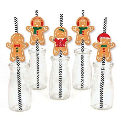 Big Dot of Happiness Gingerbread Christmas - Paper Straw Decor - Gingerbread Man Holiday Party Striped Decorative Straws - Set of 24