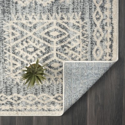 Gray and Off-White Geometric Synthetic 5' x 7' Area Rug