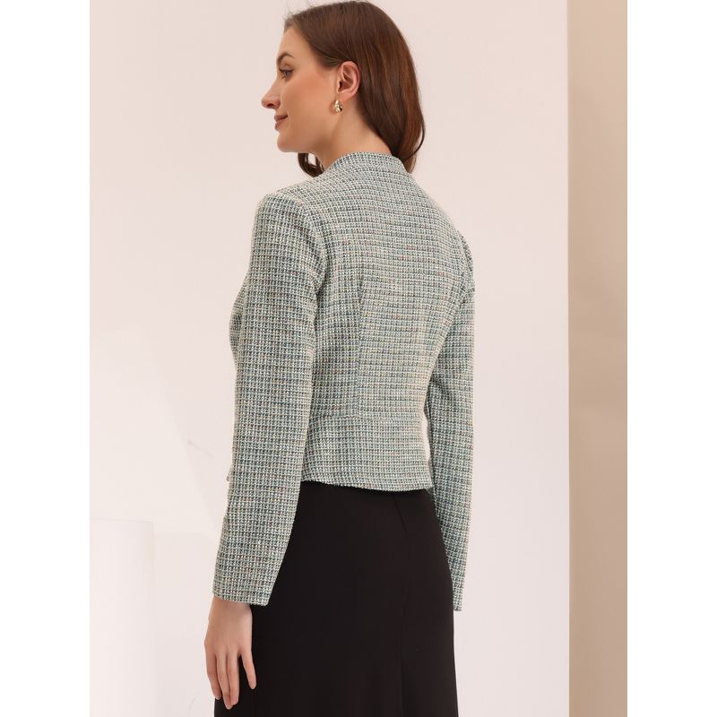 Allegra K Women's Tweed Stand Collar Business Open Front Cropped Jacket, 3 of 6
