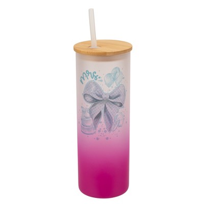 Elanze Designs 25 Ounce Frosted Glass Gradient Travel Tumbler With Straw and Wooden Lid, Mrs. Bow Pink