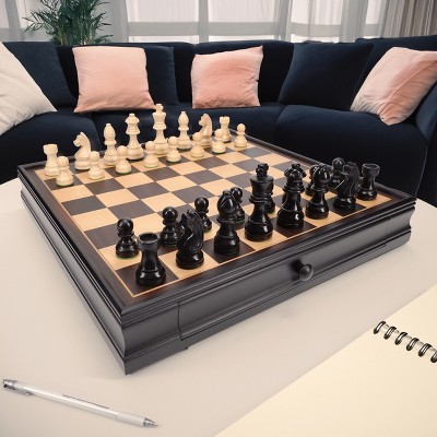 15-inch Black and Natural Wood Chess and Checkers Set with Storage Drawers