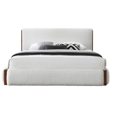 Sandro Queen Bed with White Boucle Upholstery and Walnut Frame