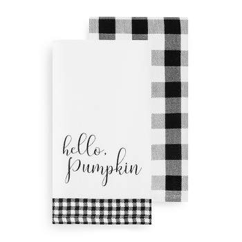 Hello Pumpkin and Check Kitchen Towel Set of 2 - 18" x 28" - Black/White - Elrene Home Fashions