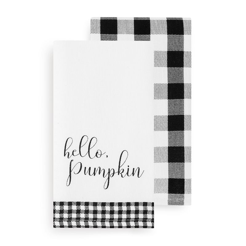 Hello Pumpkin and Check Kitchen Towel Set of 2 - 18" x 28" - Black/White - Elrene Home Fashions, 1 of 4