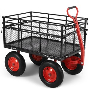 Steel Garden Cart,Heavy Duty Metal Yard Utility Wagon with Removable Mesh Sides,2-in-1 180°Rotating Handle and 16 inch Wheels, Steel Utility - 1 of 4