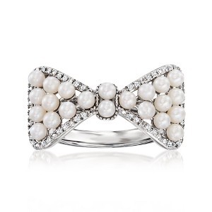 Ross-Simons 2-2.5mm Cultured Pearl and .10 ct. t.w. Diamond Bow Ring in Sterling Silver Size 6 - 1 of 4