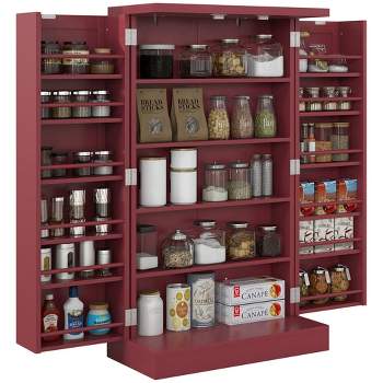 HOMCOM 41" Kitchen Pantry Storage Cabinet, Freestanding Kitchen Cabinet with Double Doors, 5-Tier Shelf, 12 Spice Racks and Adjustable Shelves