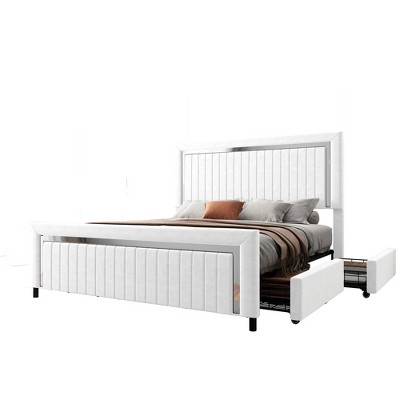 AMERLIFE Upholstered Platform LED Bed Frame with 4 Storage Drawers, Adjustable Headboard with Vertical Channel Design
