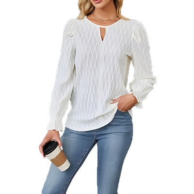 Womens Casual Floral Shirt Bell Long Sleeve Round Neck Hollow Front Cute Blouse Tops