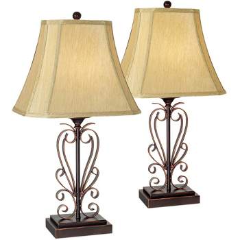 Franklin Iron Works Traditional Table Lamps 26.5" High Set of 2 Iron Bronze Scroll Faux Silk Rectangle Shade for Living Room Family Bedroom