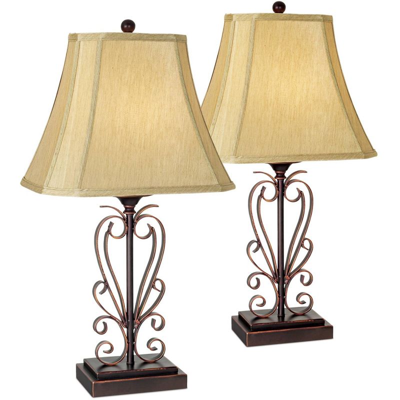 Franklin Iron Works Traditional Table Lamps 26.5" High Set of 2 Iron Bronze Scroll Faux Silk Rectangle Shade for Living Room Family Bedroom, 1 of 10