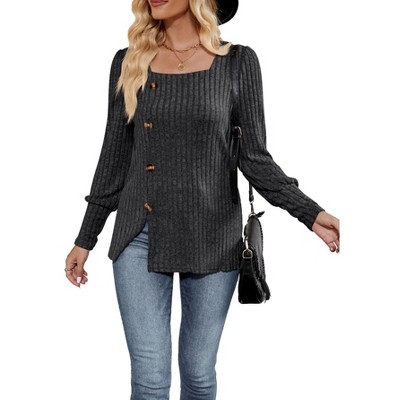 Womens Square Neck Long Sleeve Sweater Blouse Turtleneck Split Hem Faux Button Knitted Sweater T Shirt