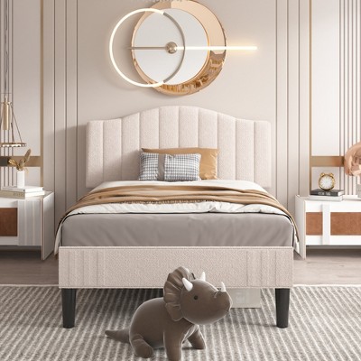 VECELO Bed Frame, Upholstered Platform Bed with Sheepskin Fabric Adjustable Headboard