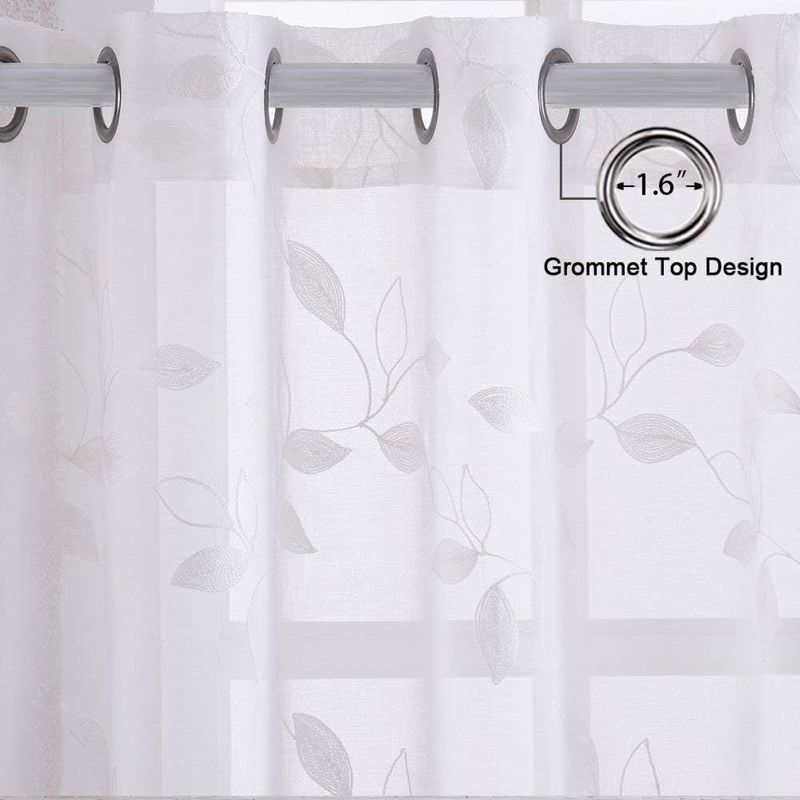 Leaves Embroidered Voile Sheer Grommet Window Curtain Panels, 3 of 6