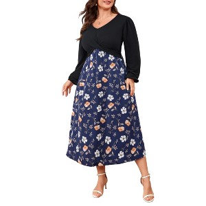 Coolmee Women's Casual Plus Size Maxi Dresses V Neck Puff Long Sleeve Sleeve Floral A-Line Swing Dress - 1 of 4