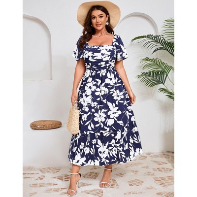 YESFASHION Women Plus Size Maxi Dress Floral Casual Dress Short Sleeve Long Dress Ruffle Pleated High Waist Square Neck Summer Dress