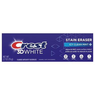 Crest 3D White Stain Eraser Teeth Whitening Toothpaste, Icy Clean Mint, 2.7 oz