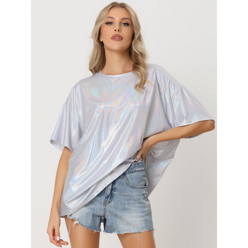 Allegra K Women's Sparkly Short Sleeve Holographic Party Metallic T-Shirt, 4 of 6