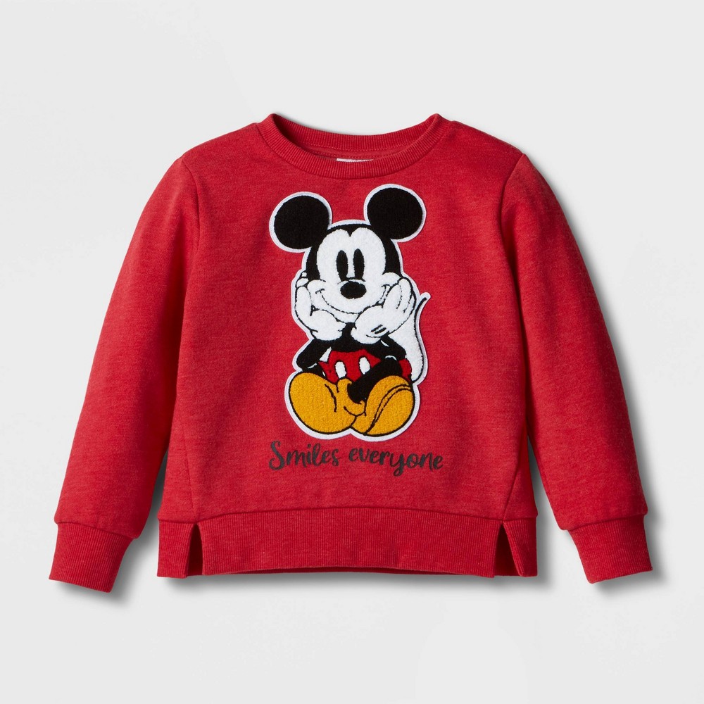 Size 2T Toddler Boys' Disney Mickey Mouse Solid Pullover Sweatshirt - Red 2T