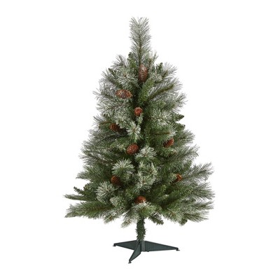 Nearly Natural 3-ft Snowed French Alps Mountain Pine Artificial Christmas Tree with 135 Bendable Branches and Pine Cones
