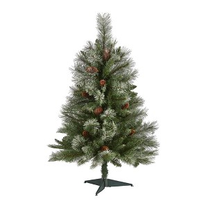 Nearly Natural 3-ft Snowed French Alps Mountain Pine Artificial Christmas Tree with 135 Bendable Branches and Pine Cones - 1 of 4
