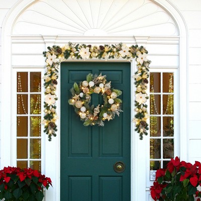 24" Pre-Lit Christmas Wreath with Pinecones, Gold Accents & Warm White LEDs – Outdoor Pine Wreath for Front Door, Window Decor