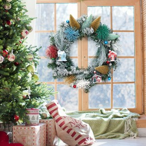 24 Inch Christmas Wreath, Artificial Holiday Wreath with Christmas Tree and House Village Front Door Decor, for In/Outdoor Wall Window Home Decor - 1 of 4