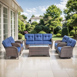 Belord Brown Wicker 7 Piece Patio Furniture Set with 5" Thick Cushions, Outdoor Patio Furniture Set with Swivel Gliding Rocker Chairs and Club Chairs - 1 of 4