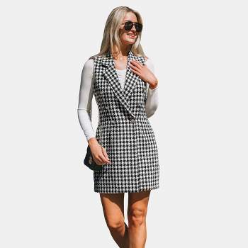 Women's Houndstooth Double-Breasted Blazer Waistcoat - Cupshe