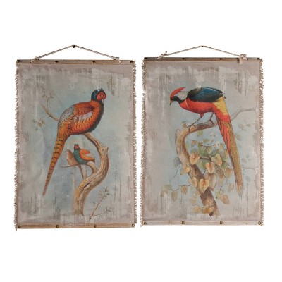 A&B Home 42.5"x29.5" Set of 2 Colorful Birds Wall Hangings: Fringed Linen Decor, Wood Frame, Vertical Orientation