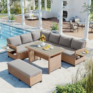 Nestfair 5pc Wicker Outdoor Patio L Shaped Sectional Sofa with Dining Table and Cushions Brown - 1 of 4