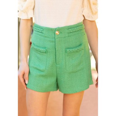Women's Braid Waist Gold Button Tweed Short - voy