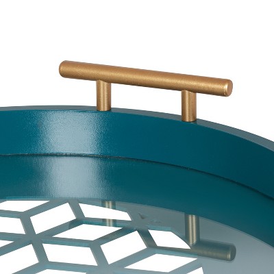 Teal Round Glass Tray with Gold Handles