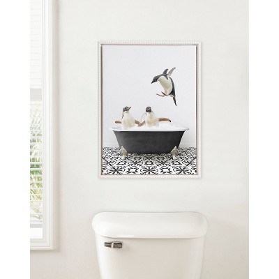 18"x24" White Framed Canvas with Penguins in Bathtub