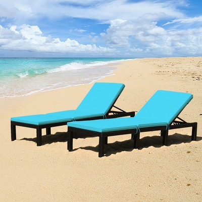 Tangkula 2PCS Adjustable Rattan Patio Chaise Lounge Chair Couch w/ Turquoise Cushion
